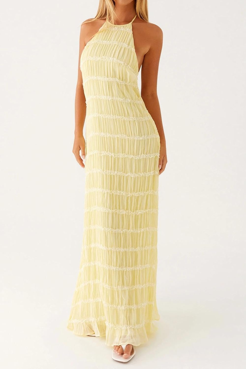 Women Backless Dress Sleeveless Textured Halter Open Back Maxi Dresses Vacation Wedding Guest