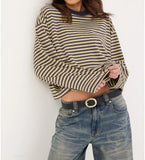Women Striped Long Sleeve Shirt Crewneck Cropped Pullover Top Fall Winter Vintage Sweatshirt Streetwear