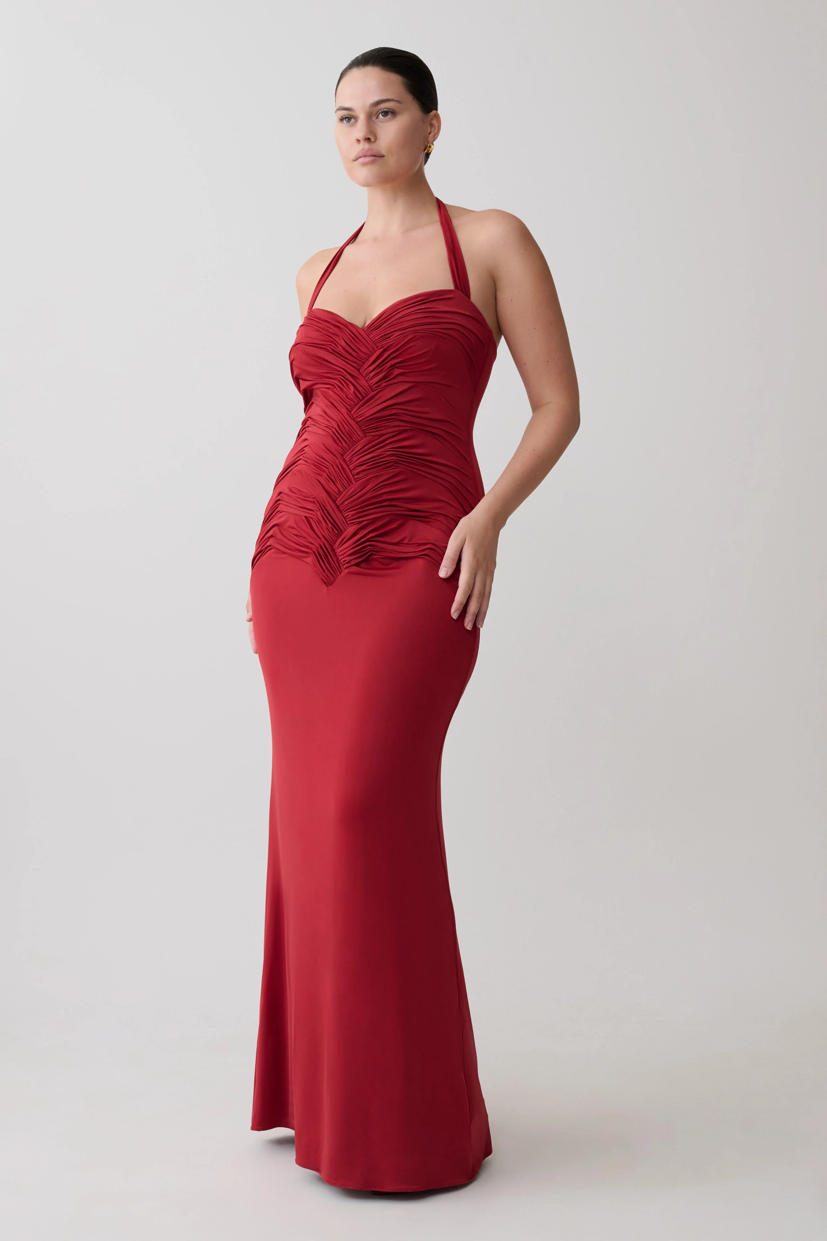 Hoai Gathered Slinky Halter Maxi Dress Deep Red