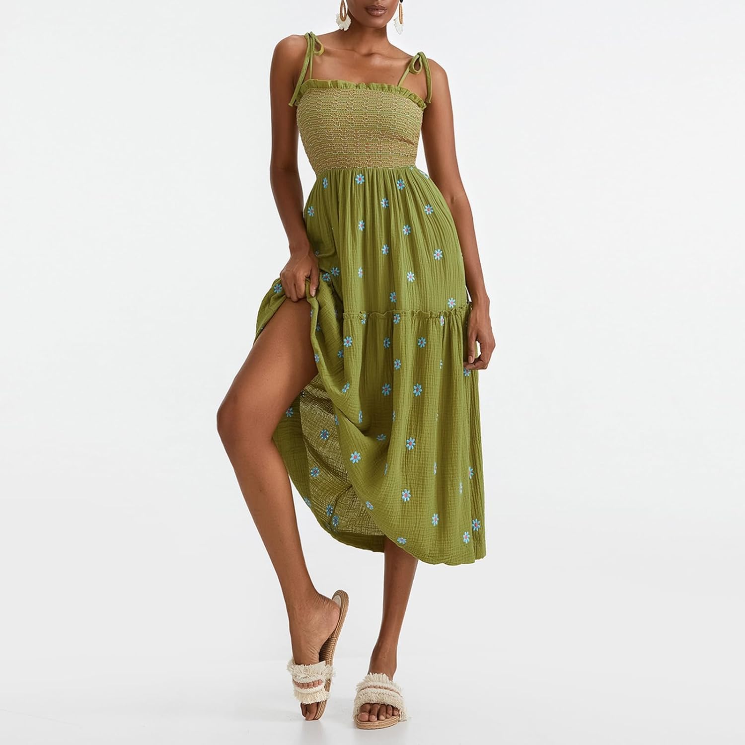 Women Floral Embroidered Maxi Dress Sleeveless Tie Shoulder Smocked Flowy Dress Boho Summer Sundresses with Pockets