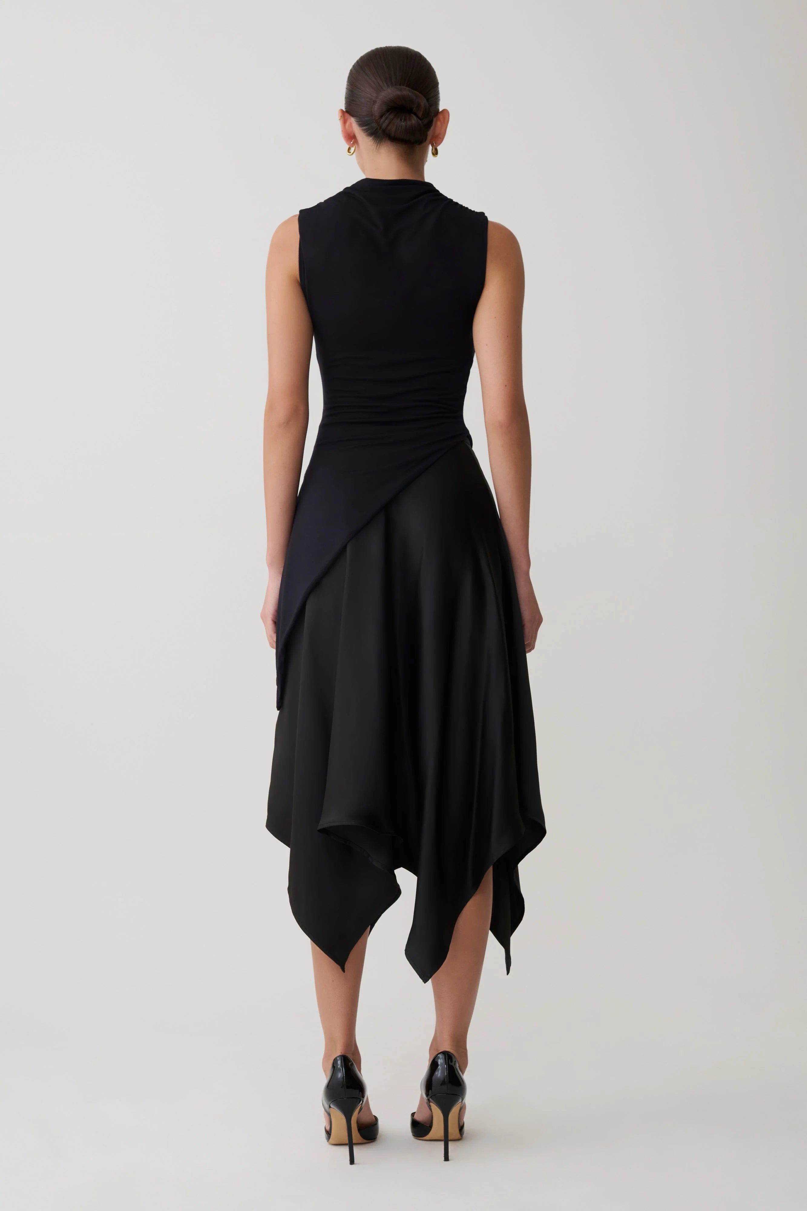Coralie Asymmetric Satin Midi Skirt Black