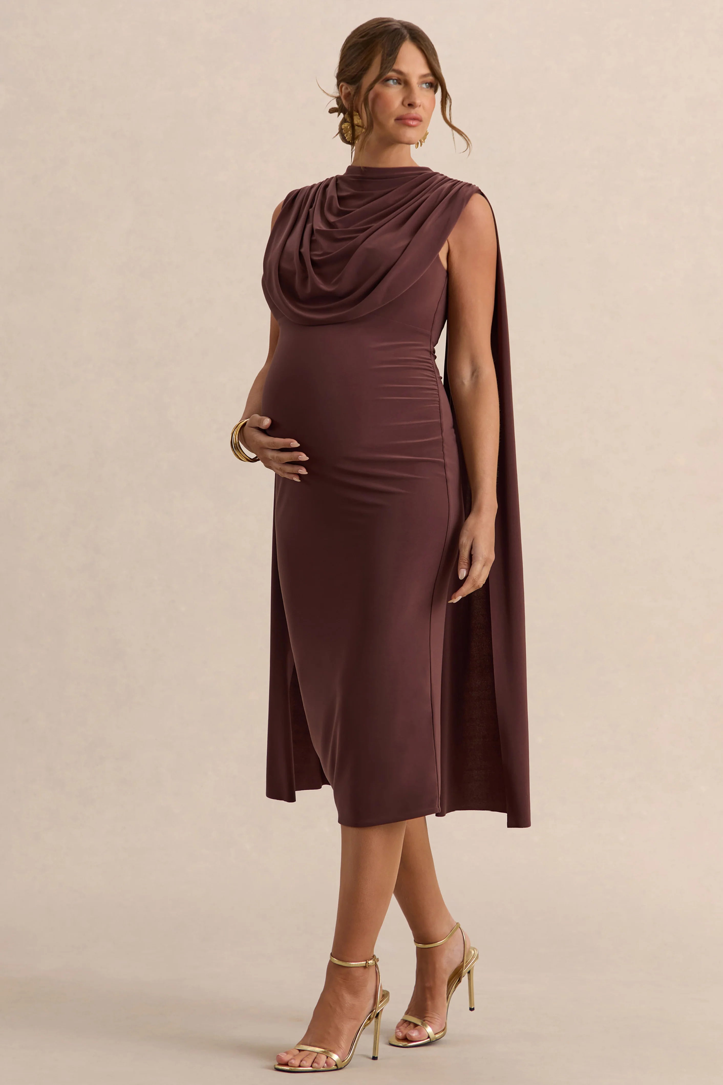Milaine Dark Brown Round Neck Maternity Midi Dress With Cape Sleeves