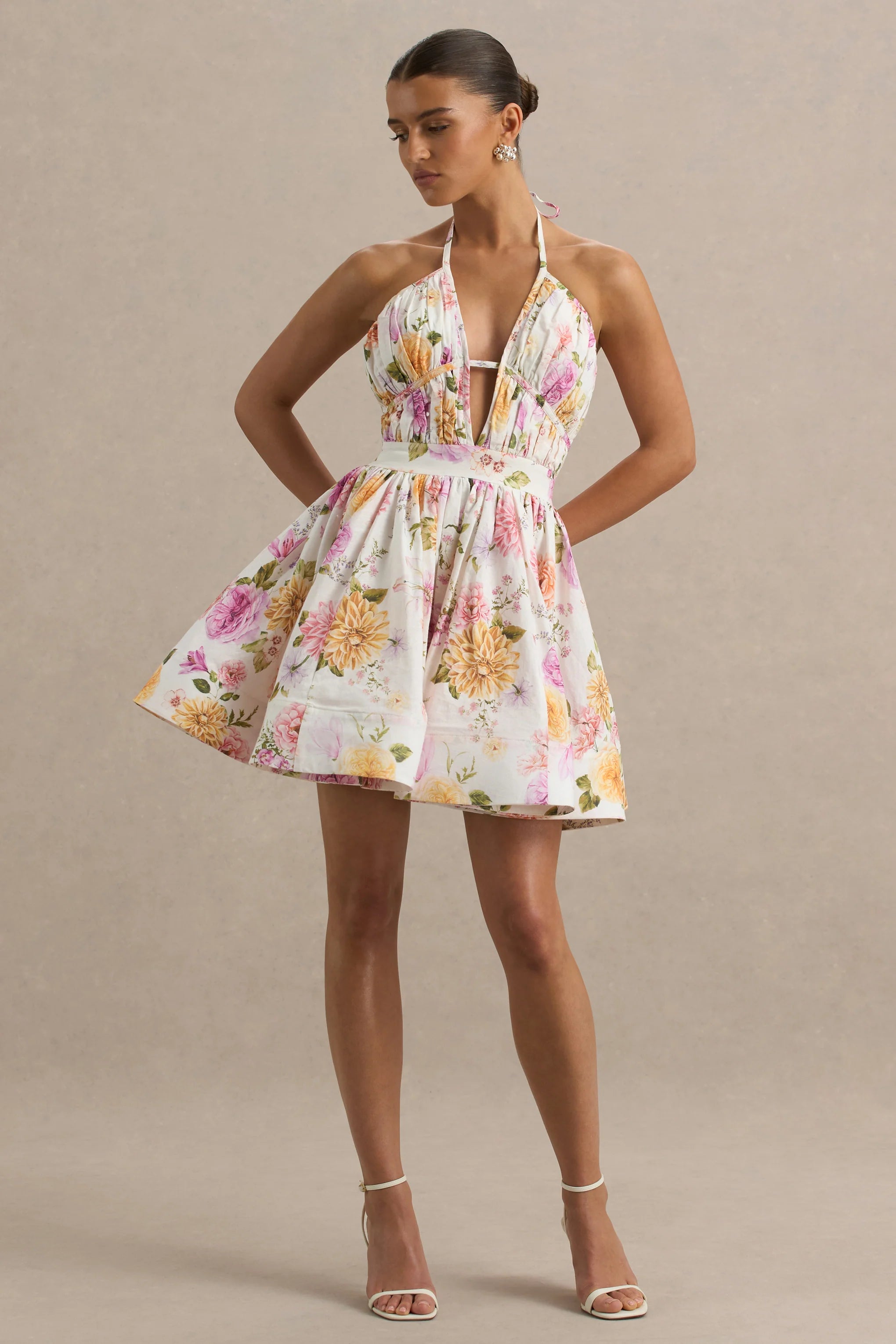 Kasey Cream Floral Print Halter Neck Mini Dress With Ruffle Detail