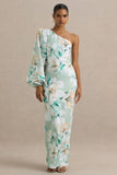 Kellis Green Floral Print Asymmetric Maxi Dress With Balloon Sleeve