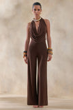 Clemence Brown Plunge Neck Jumpsuit