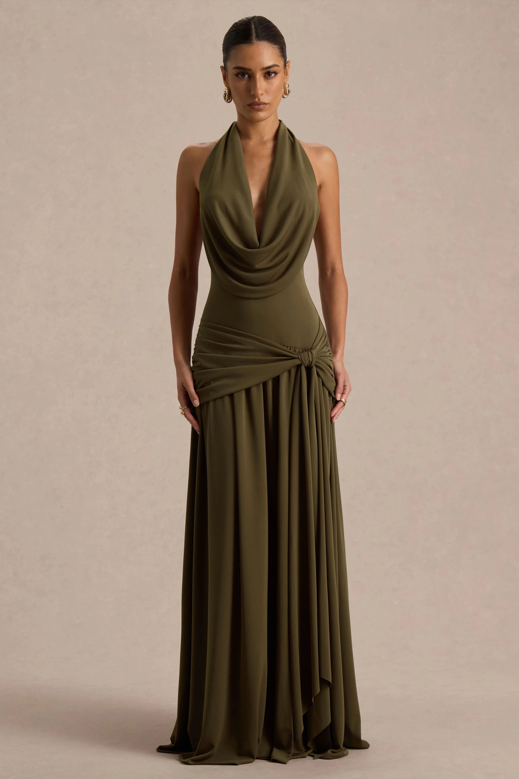 Mist Olive Plunge Neck Maxi Dress With Knot Detail And Open Back