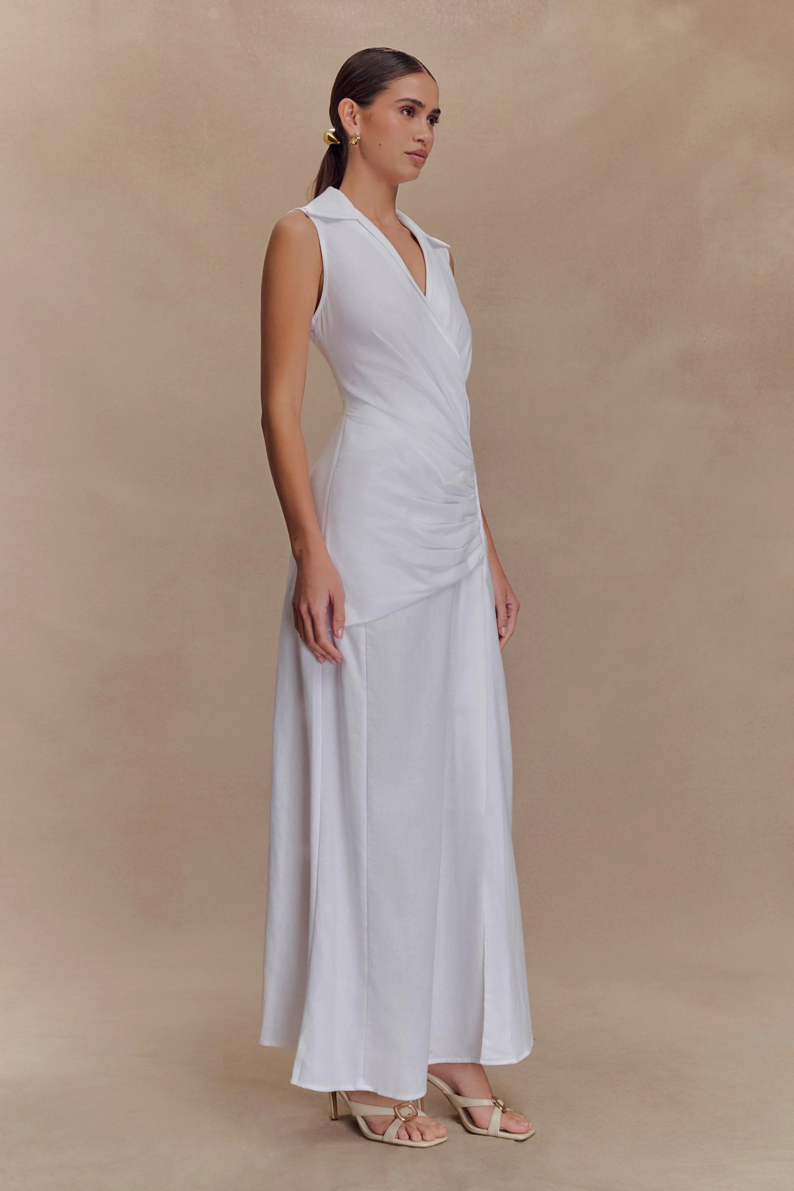 Dante Ruched Linen Midi Dress White