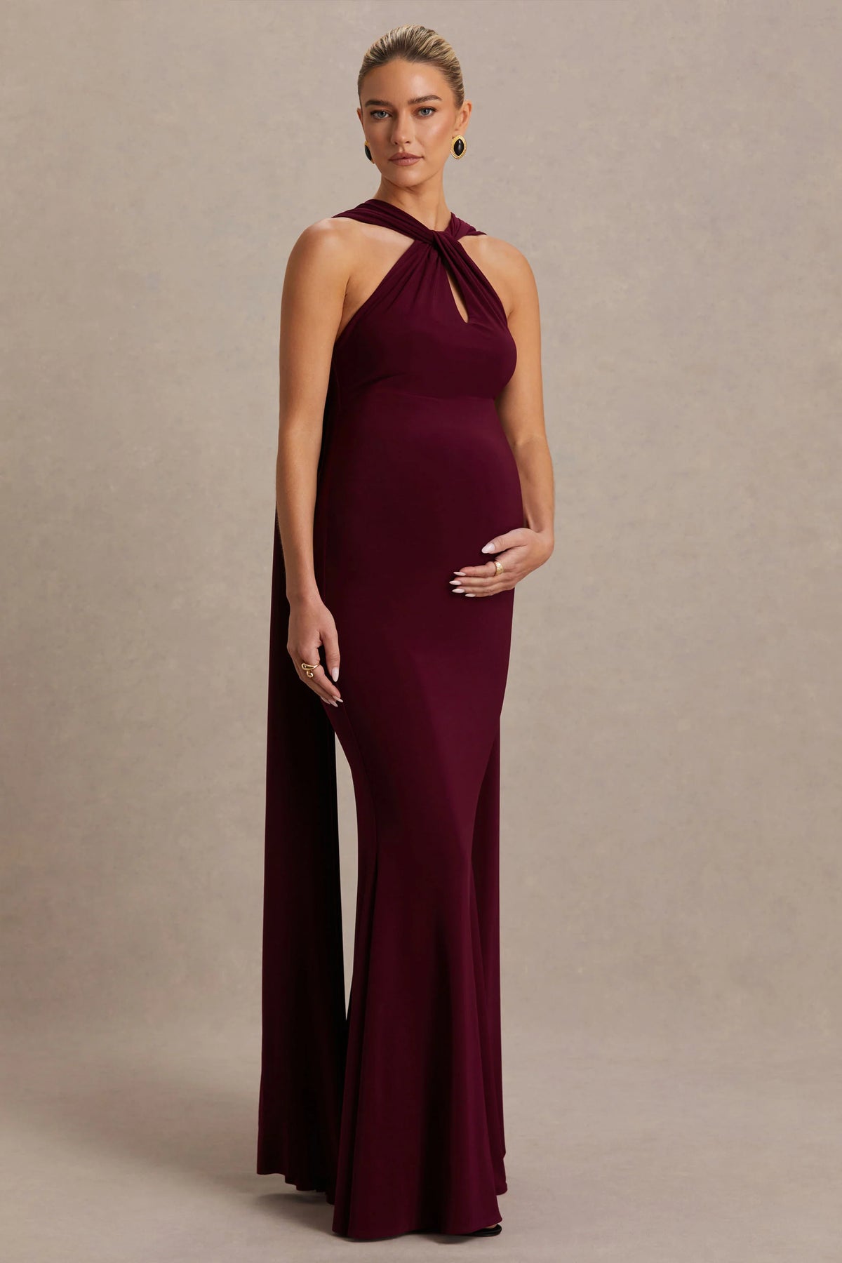 Lyra Burgundy Cross Halter Neck Maternity Maxi Dress With Cape