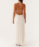 Women Backless Dress Sleeveless Textured Halter Open Back Maxi Dresses Vacation Wedding Guest
