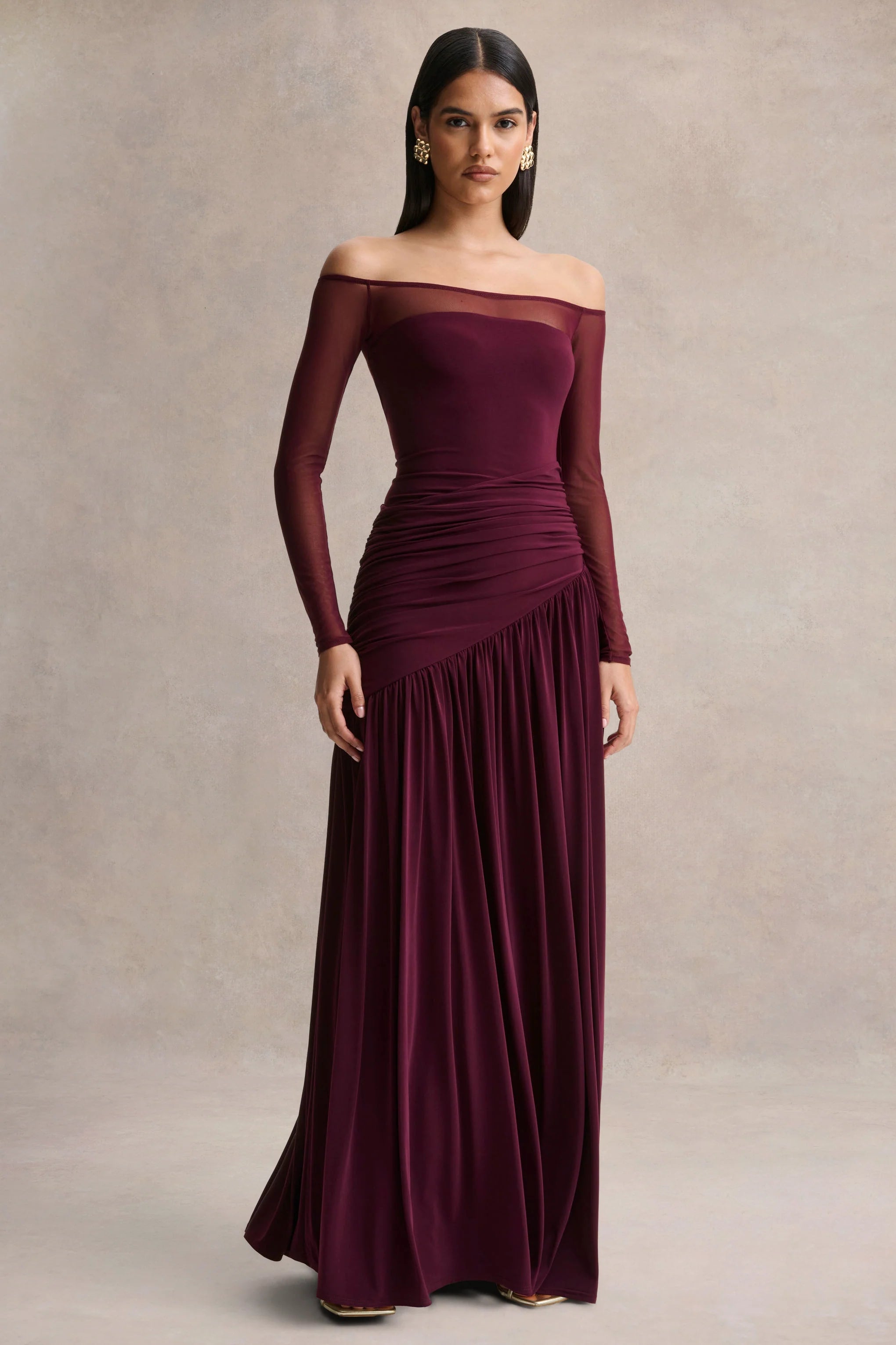 Luminary Dark Plum Bardot Neck Maxi Dress With Mesh Sleeves
