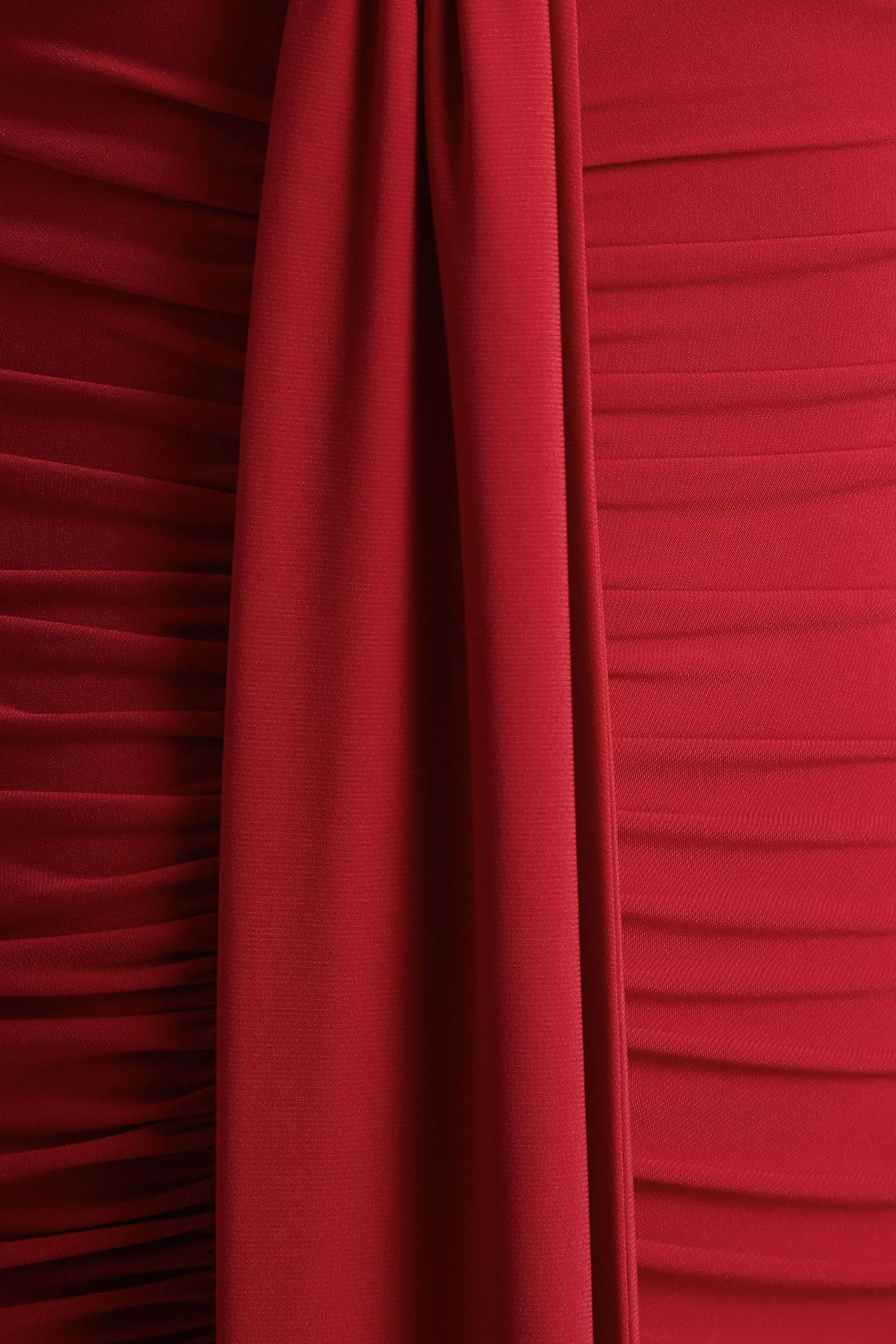 Ivara Red Plunge Neck Maxi Dress With Ruched Detailing And Sash