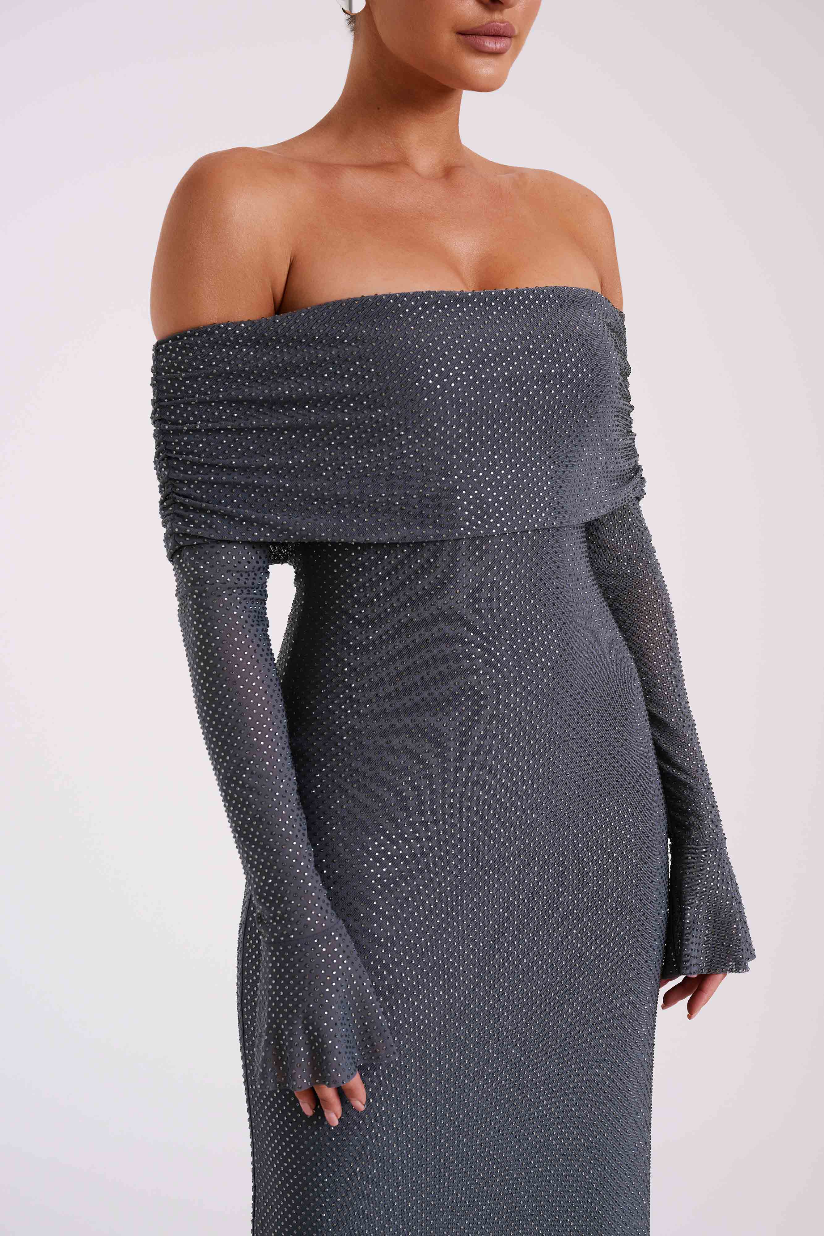 Marcel Off Shoulder Diamante Maxi Dress Gunmetal