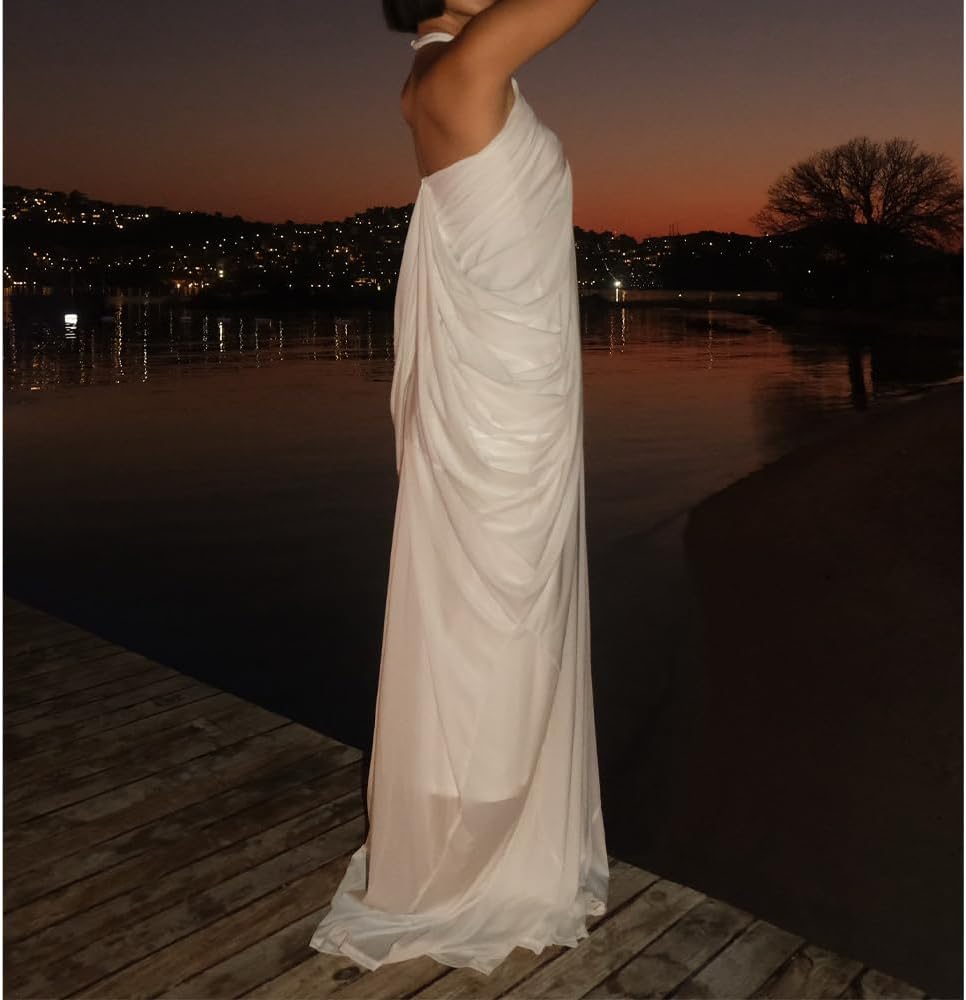 Women White Dress Halter Deep V Neck Cascade Drape Floor Length Gown Wedding Guest Beach Vacation