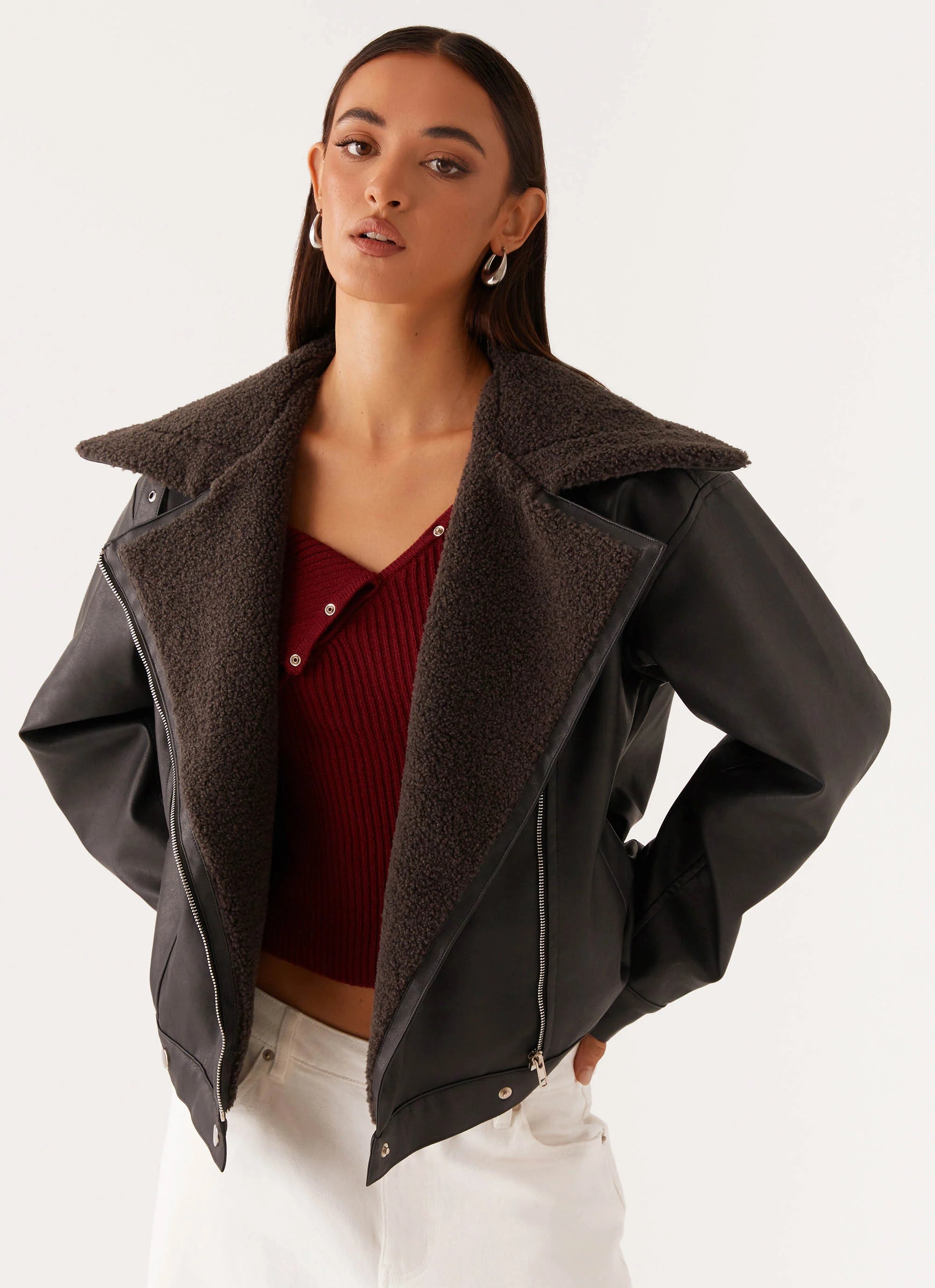 Inka PU Leather Shearling Jacket Charcoal