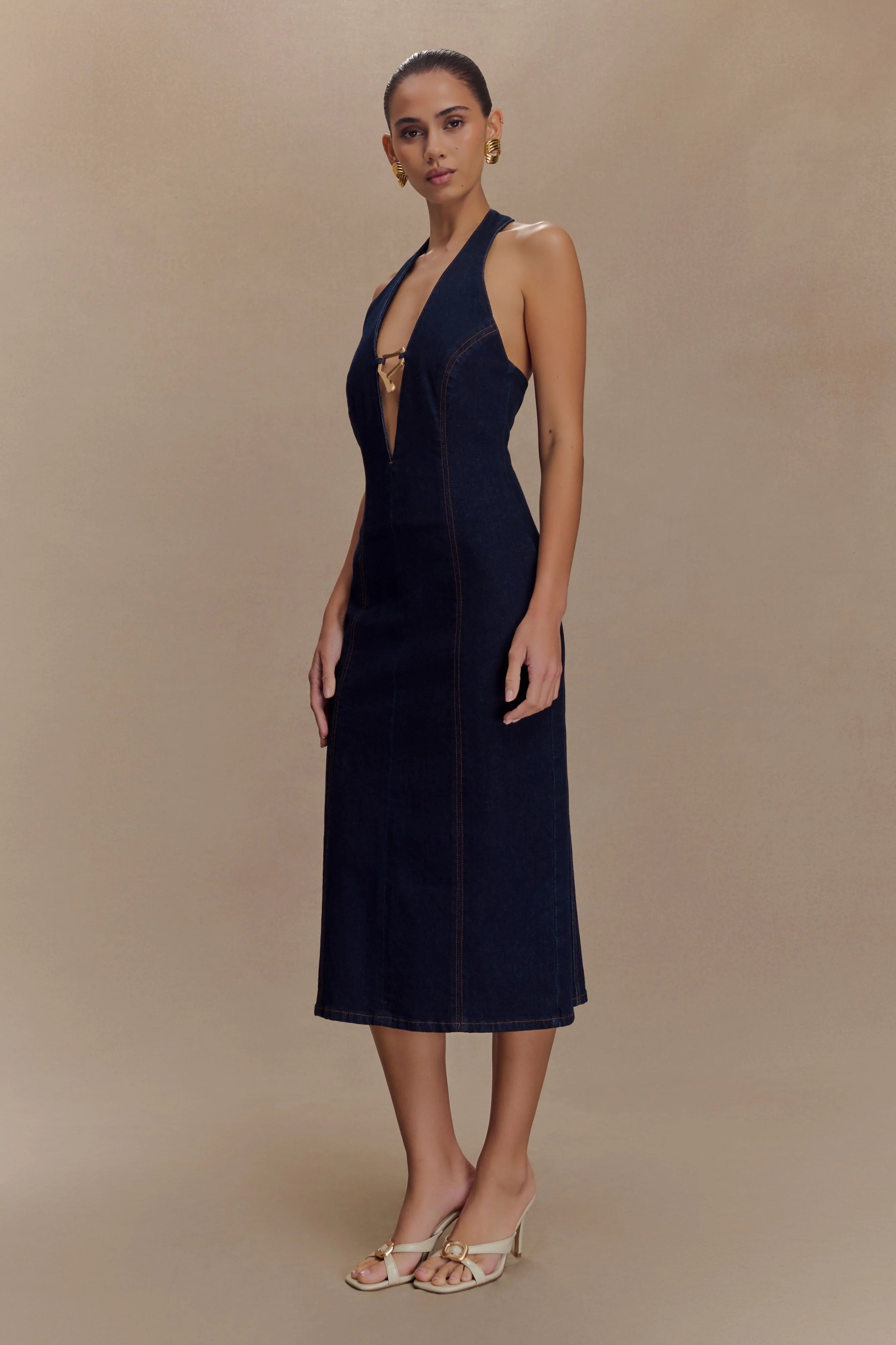 Shauna Denim Halter Midi Dress Indigo Blue