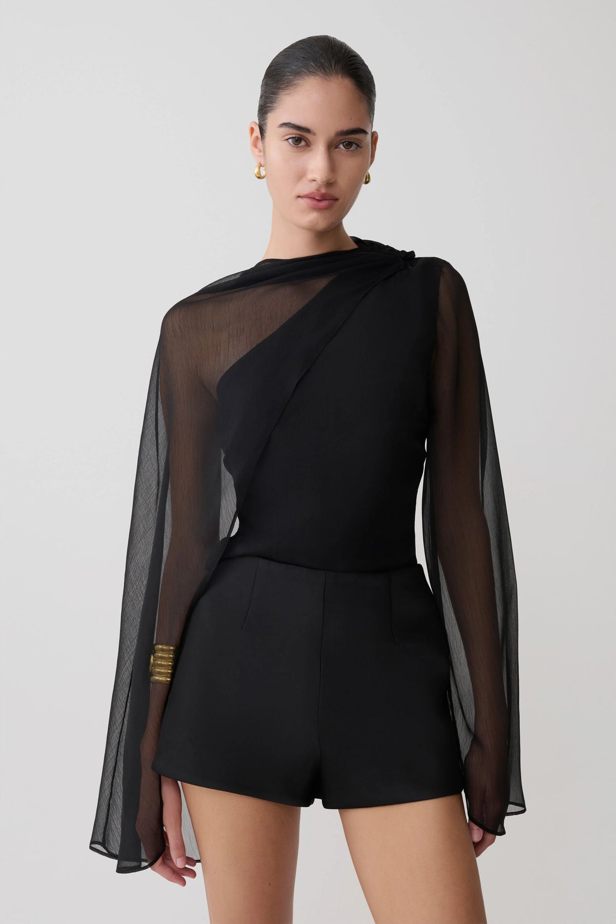 Ida Sheer Asymmetrical Long Sleeve Cape Black