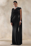 Rubelle Black Asymmetric Neck Maxi Dress With Draped Detailing
