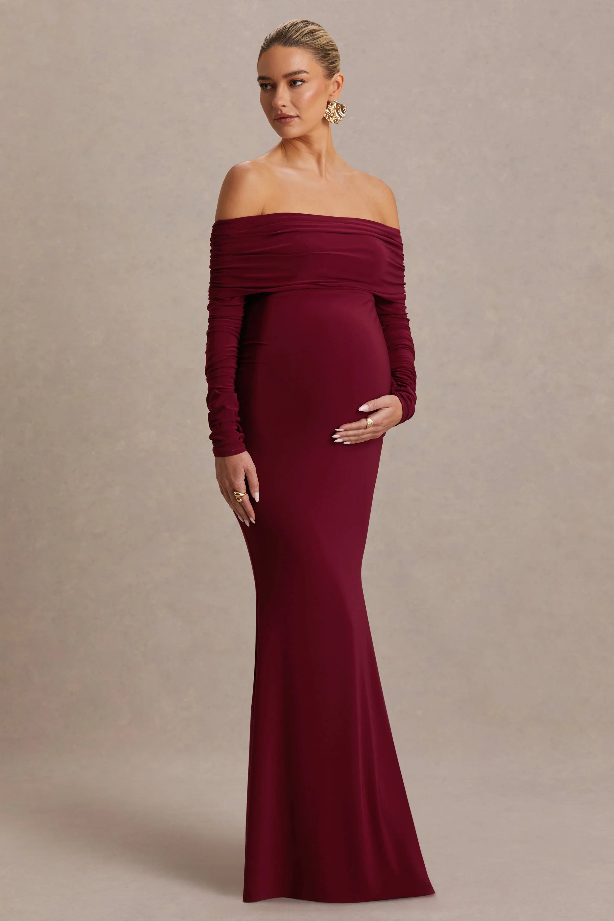 Odessa Berry Bardot Neck Maternity Maxi Dress