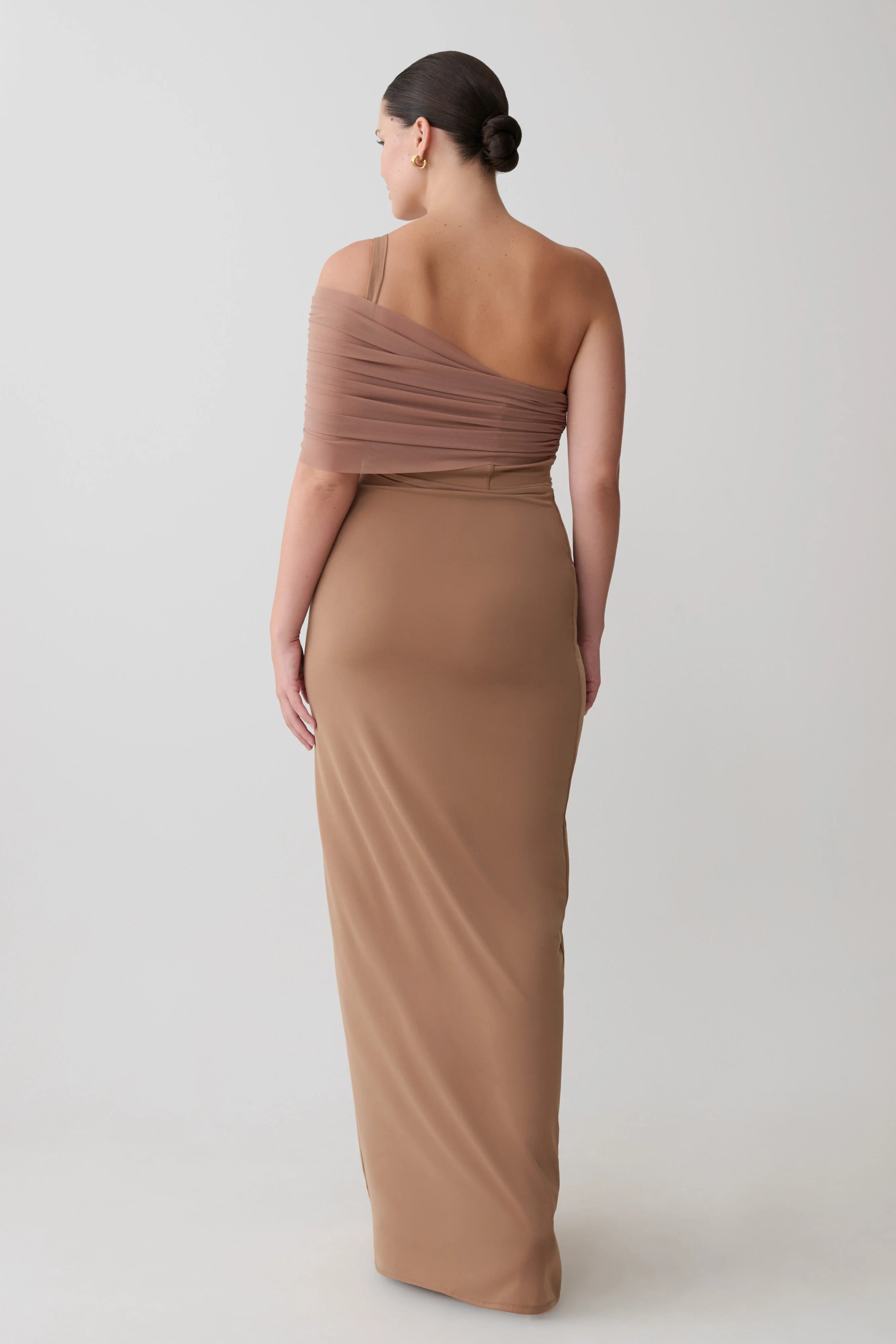 Hanh One Shoulder Mesh Maxi Dress Tan