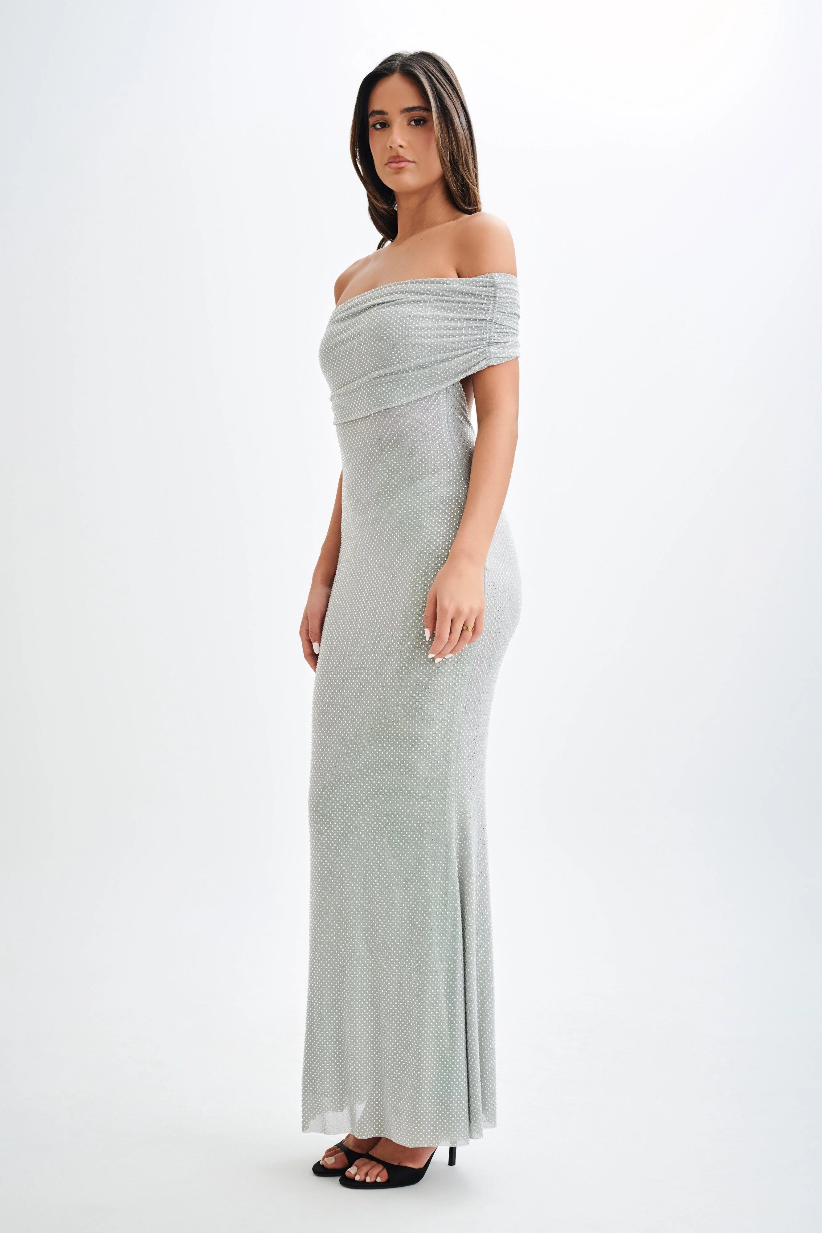 Arna Off Shoulder Diamante Maxi Dress Silver