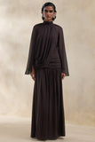 Narella Brown Chiffon High Neck Maxi Dress With Draped Detailing