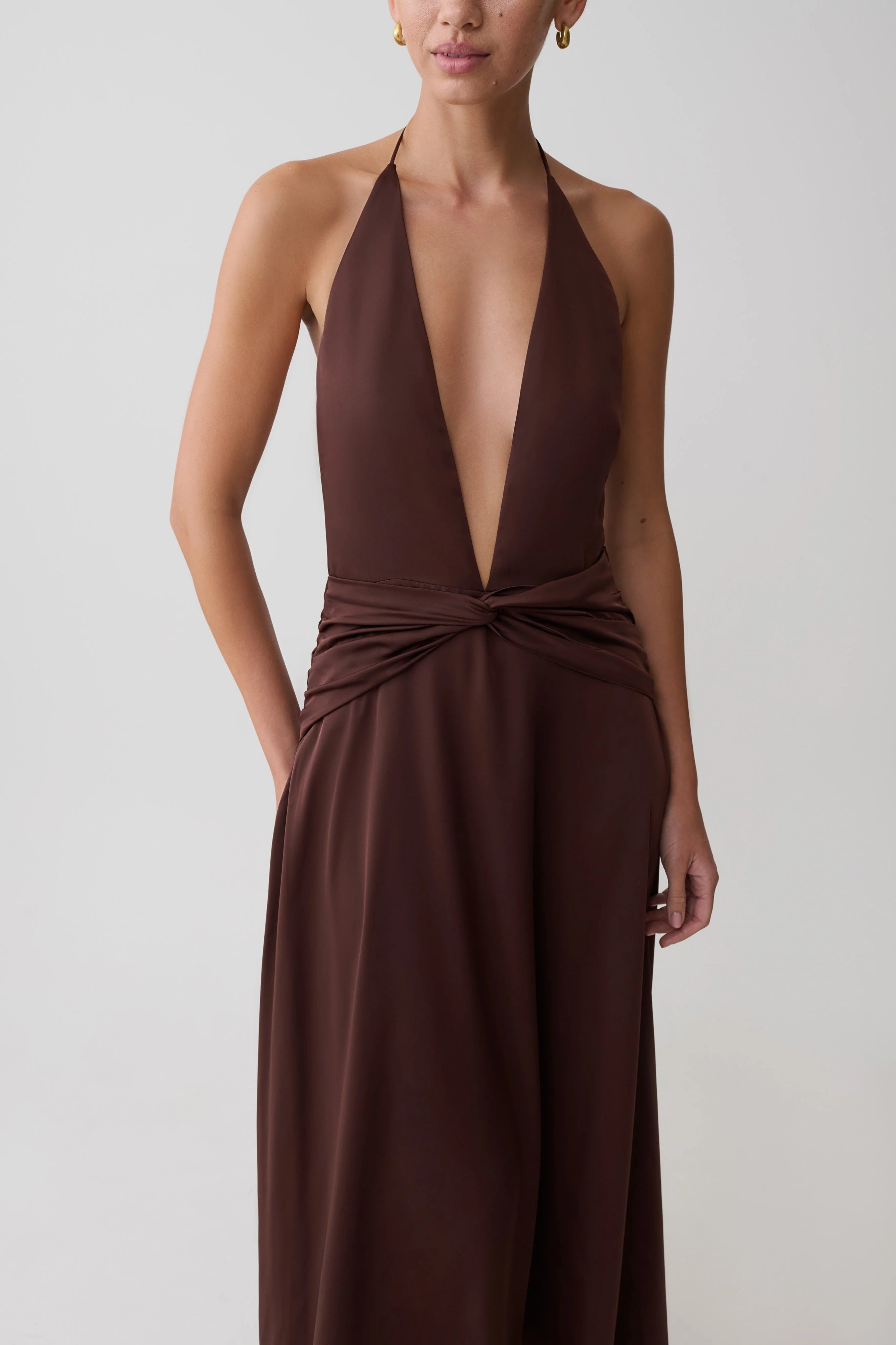 Cyra Plunge Satin Midi Dress Dark Chocolate