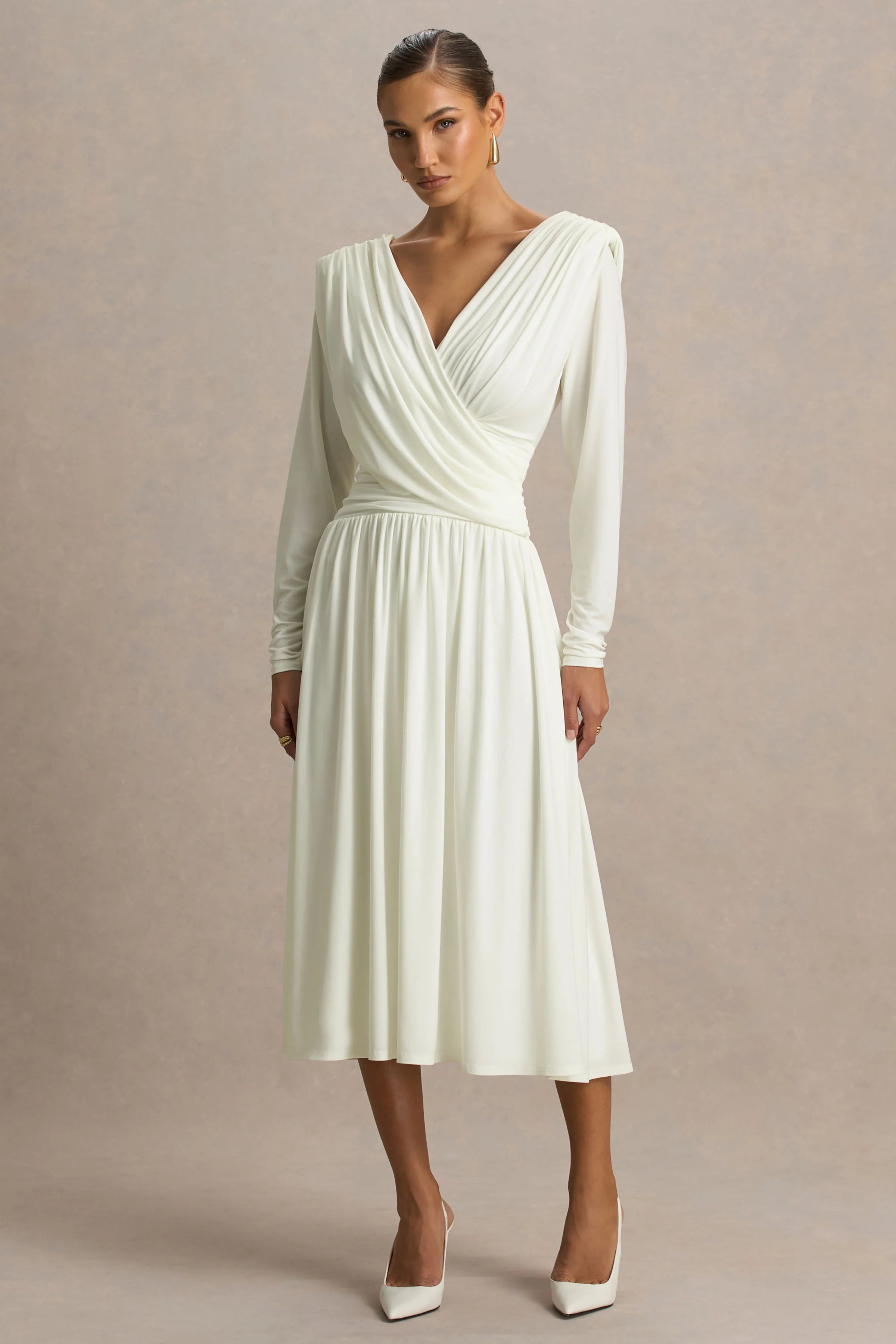 Alexis Cream Plunge Neck Midi Dress With Draped And Ruched Detailing