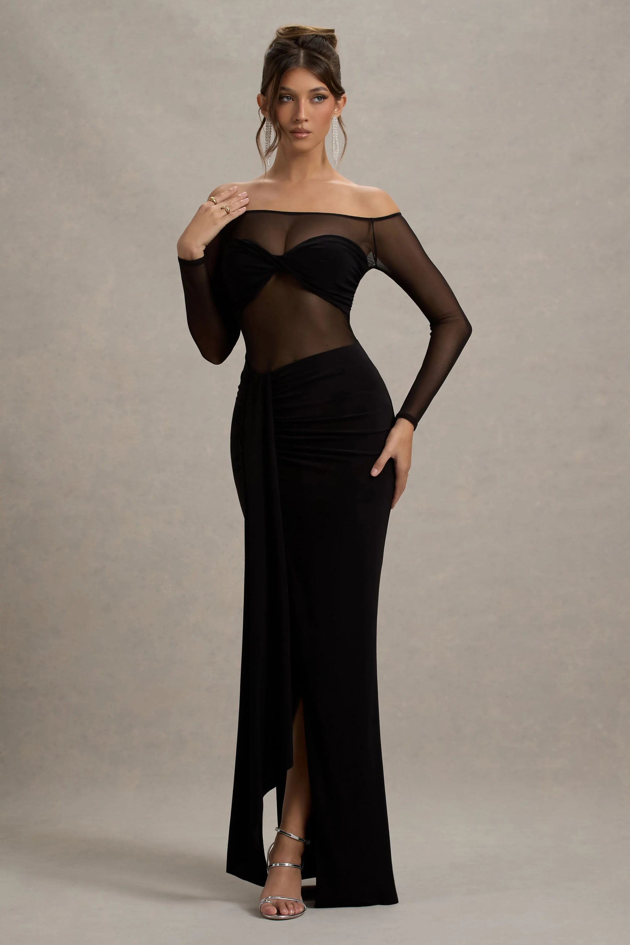 Cover Star Black Mesh Bardot Long Sleeve Draped Maxi Dress