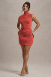 Lalani Rust Ruched High Neck Mini Dress