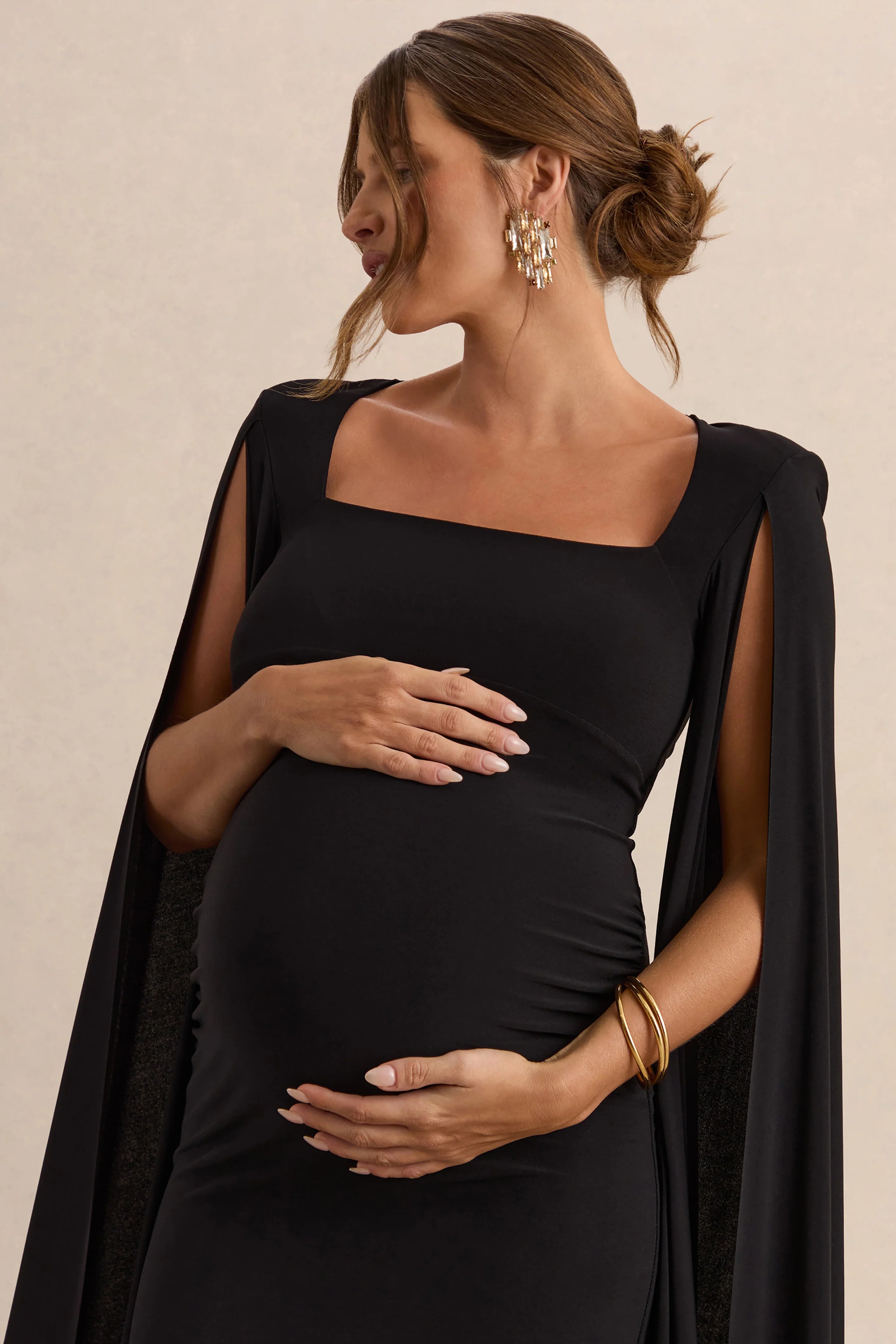 Flawless Black Square Neck Maternity Midi Dress With Cape Sleeves