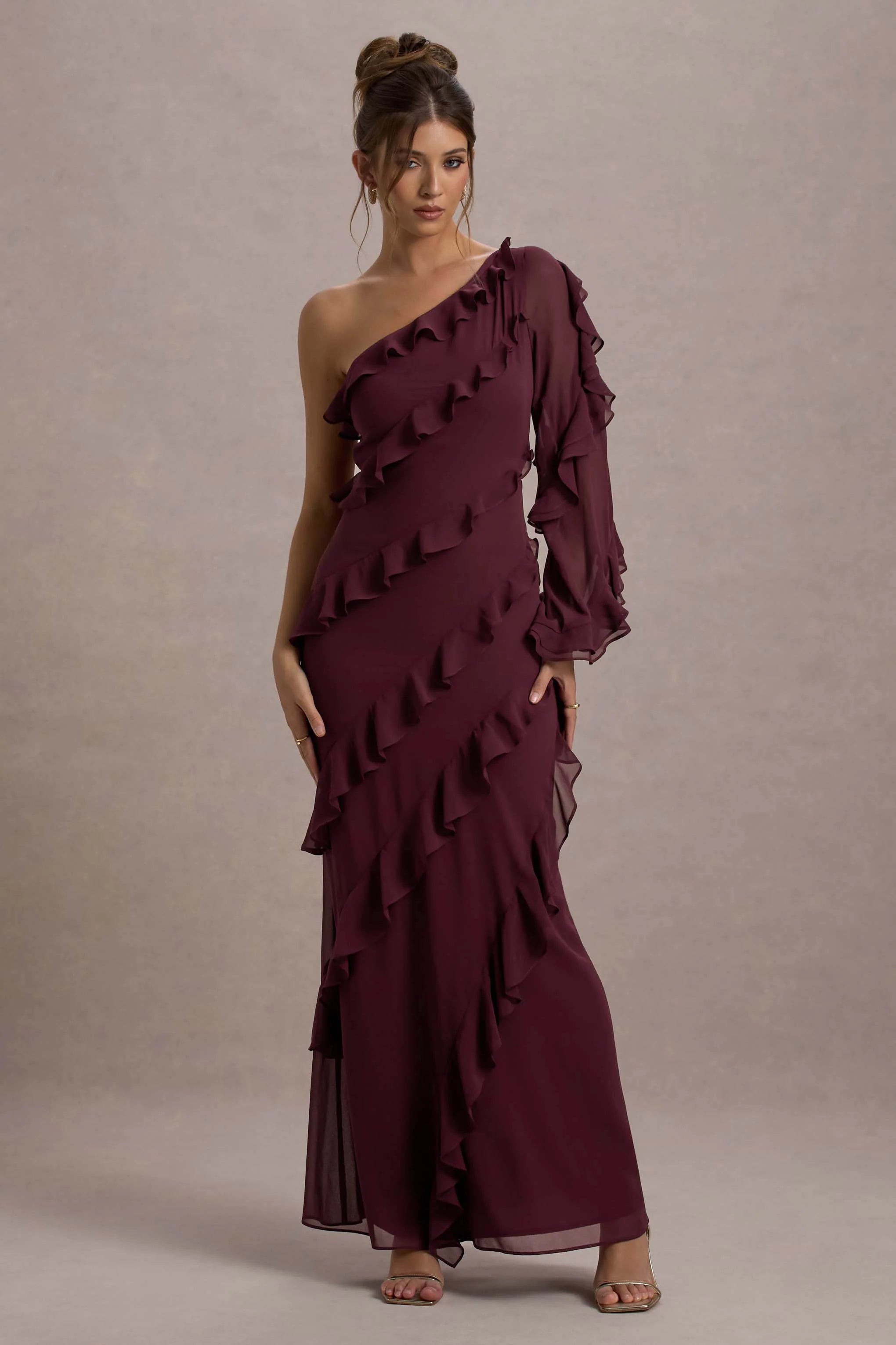 Lalika Burgundy Asymmetric One Sleeve Ruffle Maxi Dress