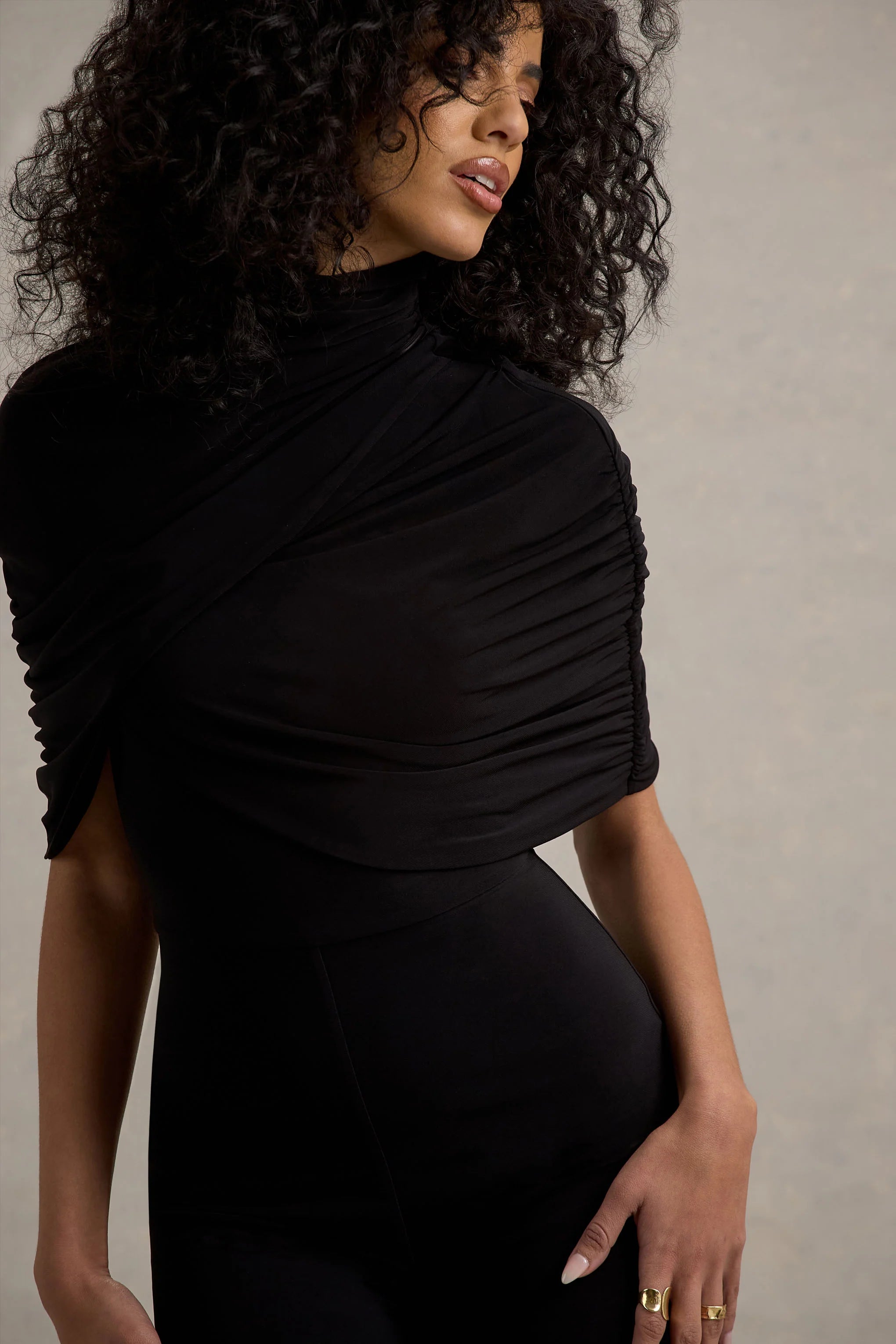 Isoline Black Twist Cape Flared Leg Jumpsuit