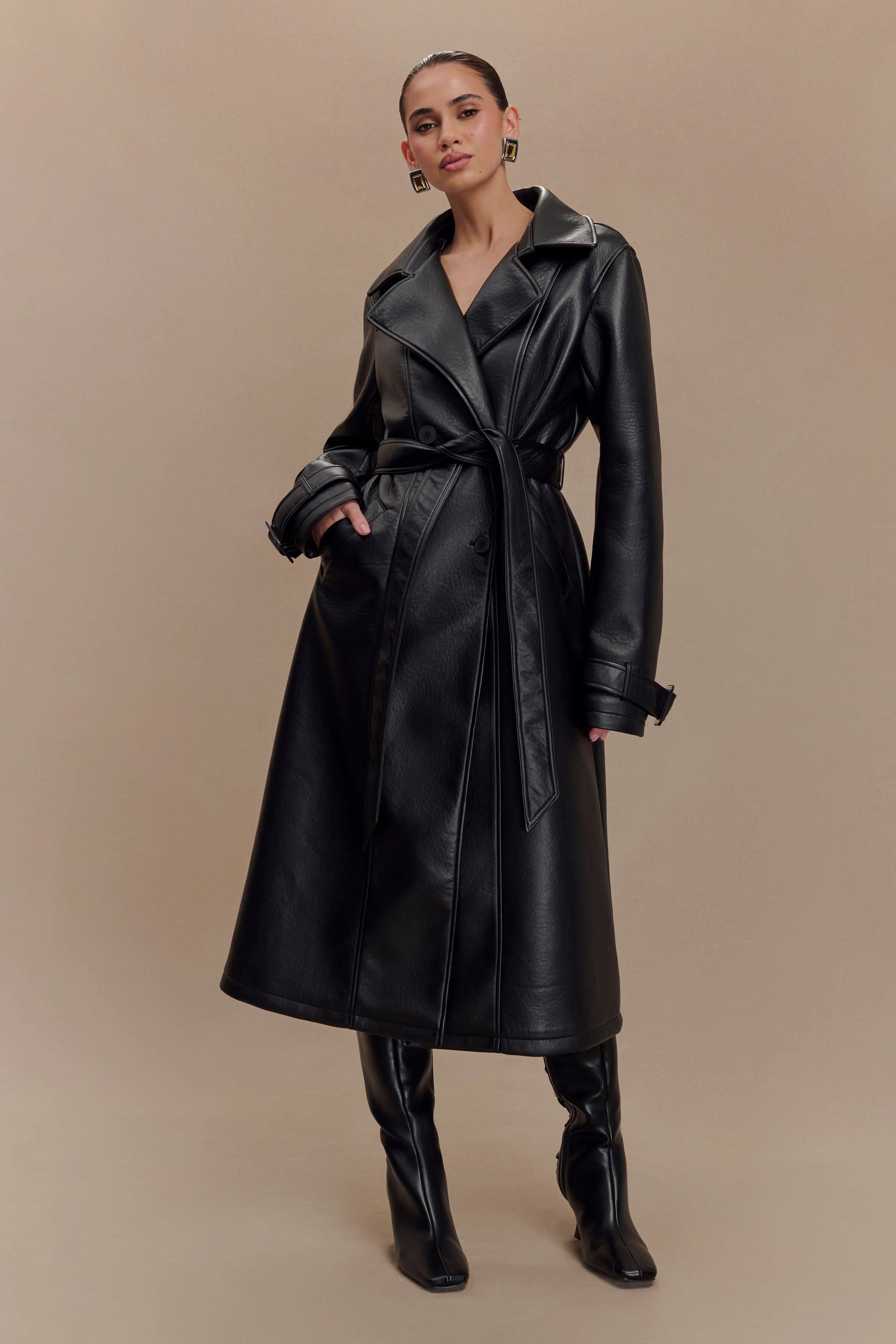 Tarah Faux Leather Trench Coat Black