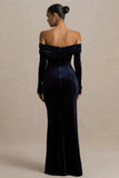 Countess Navy Velvet Bardot Neck Wrapped Maxi Dress With Front High Split