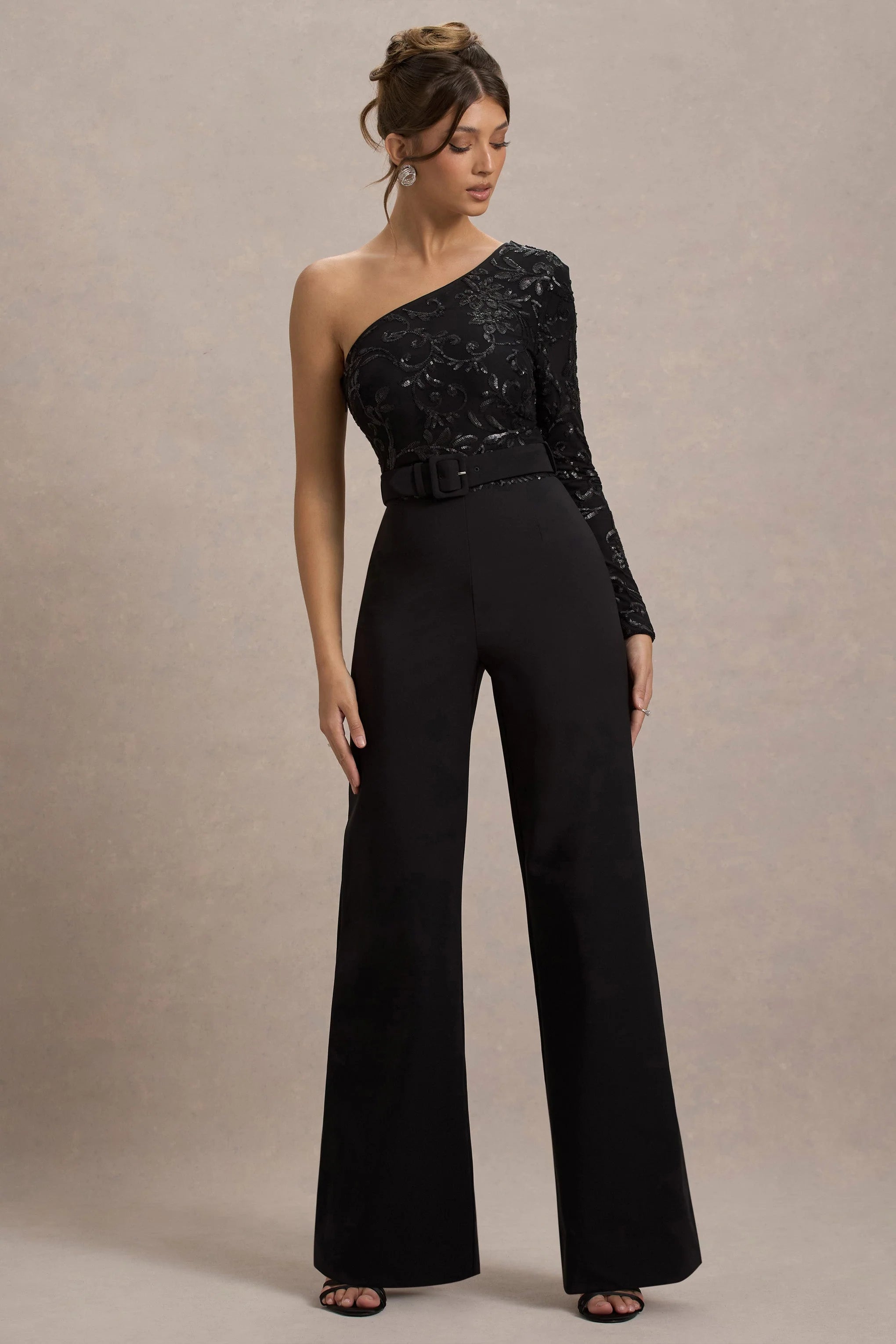 Upgrade Black Lace Asymmetric Belted Wide Leg Jumpsuit