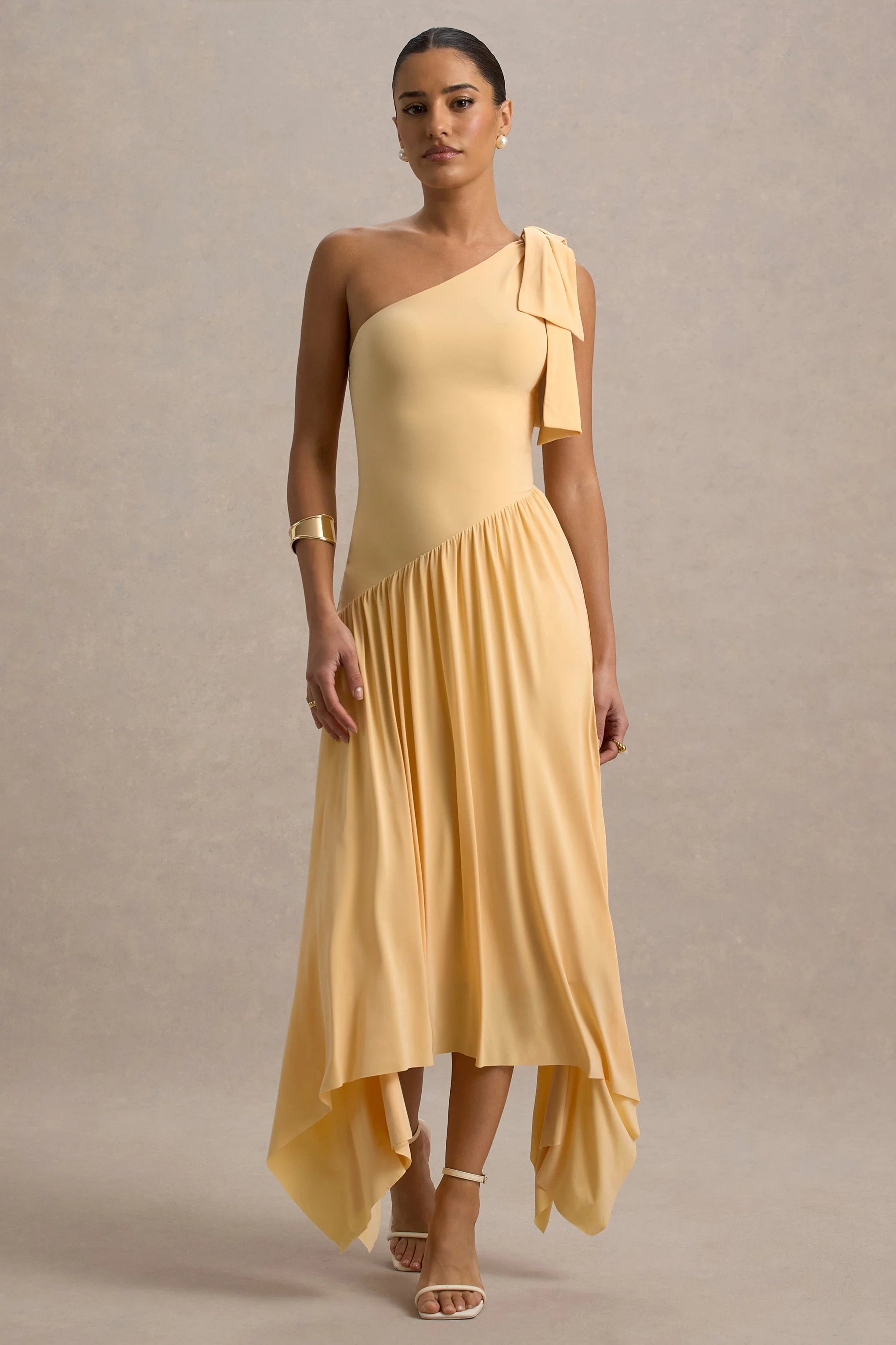 Lotus Love Orange One Shoulder Hanky Hem Maxi Dress With Bow
