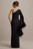 Armina Black One Shoulder Feather Trim Maxi Dress