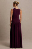 Outline Plum Crew Neck Maternity Maxi Dress With Pleated Skirt