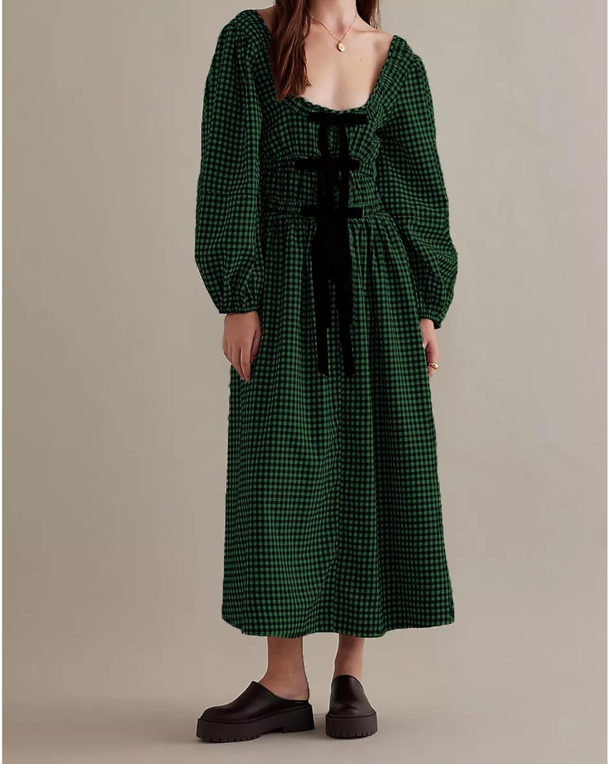 Women Plaid Maxi Dress Long Puff Sleeve Square Neck Flowy Boho Dress Bow Tie Smocked Fall Dresses