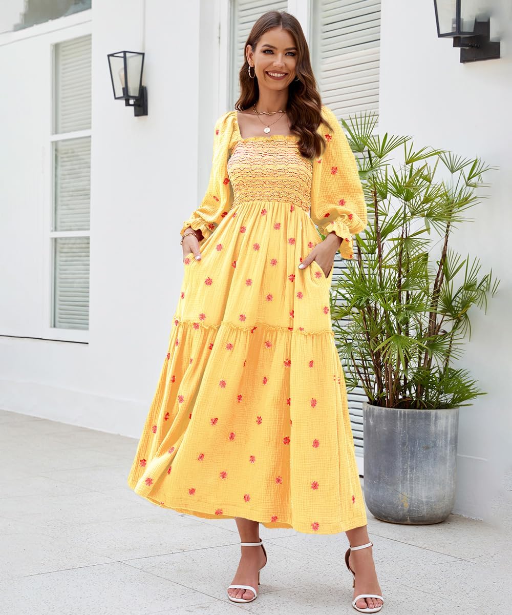 Women Floral Embroidered Maxi Dress Long Puff Sleeve Square Neck Bohemian Flowy Dress with Pockets Summer Fall