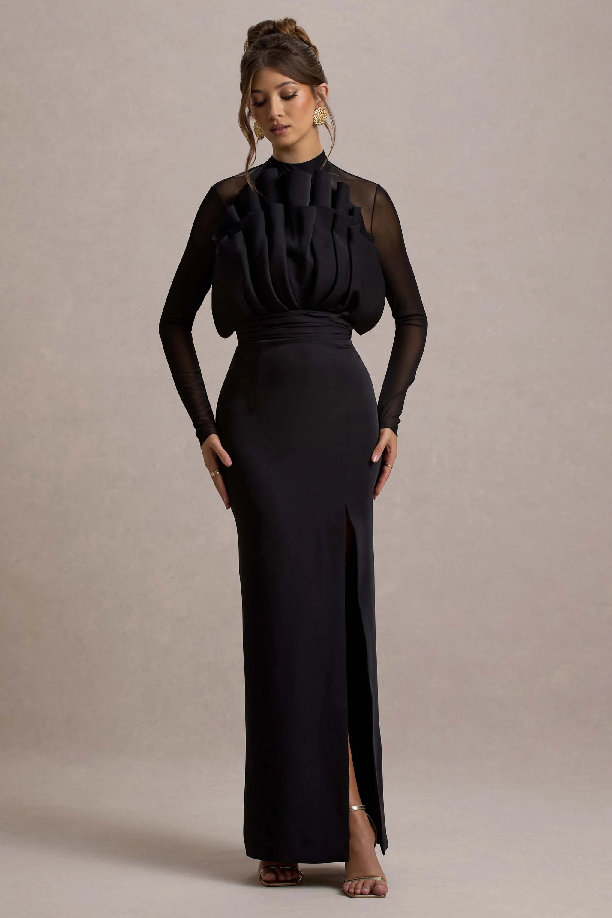 Alder Black Mesh Long Sleeve Ruffled Split Maxi Dress