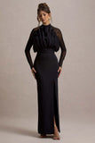 Alder Black Mesh Long Sleeve Ruffled Split Maxi Dress
