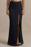 Elana Navy Pinstripe Maxi Skirt With Front High Split