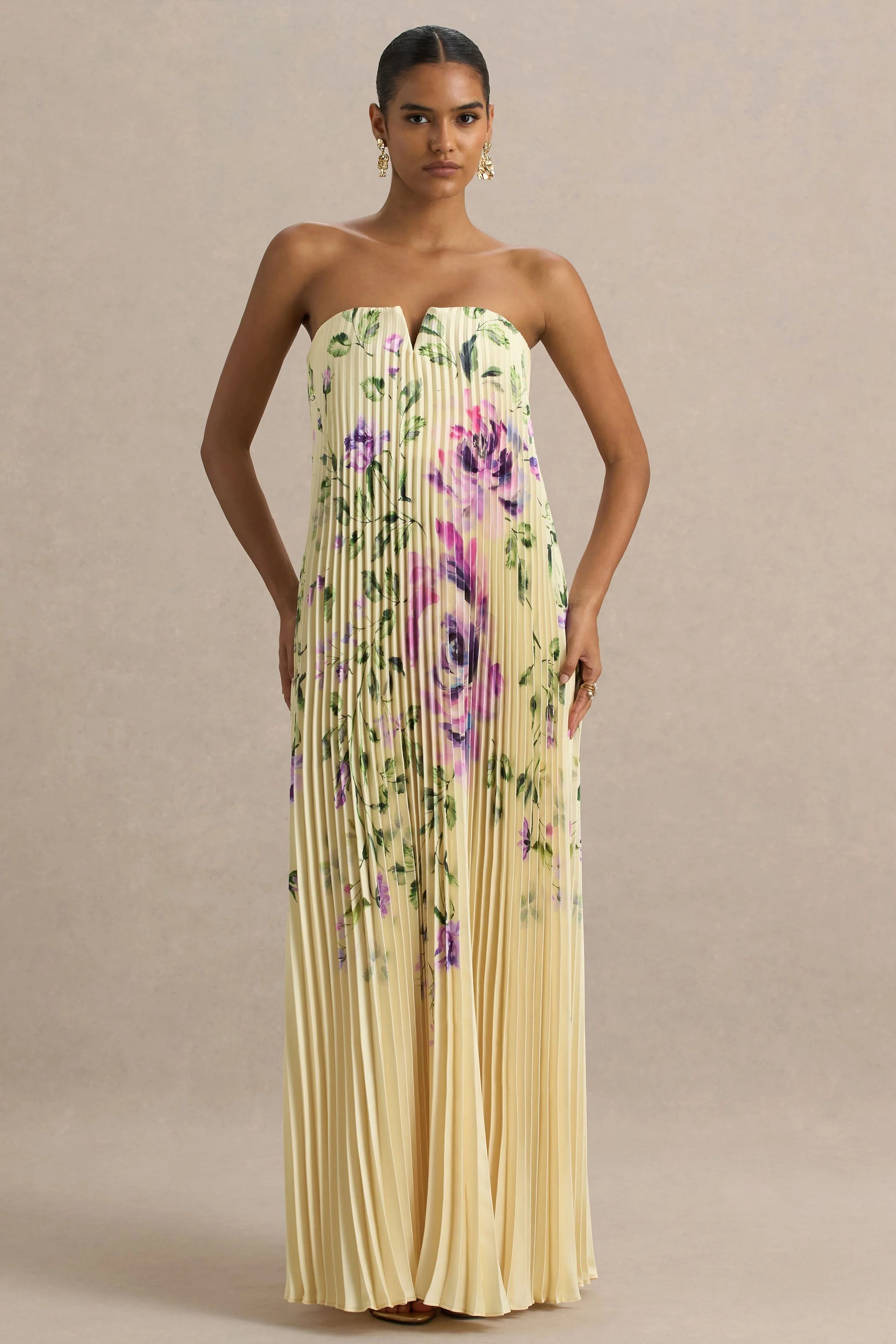 Bergamot Lemon Rose Print Satin Sweetheart Maxi Dress