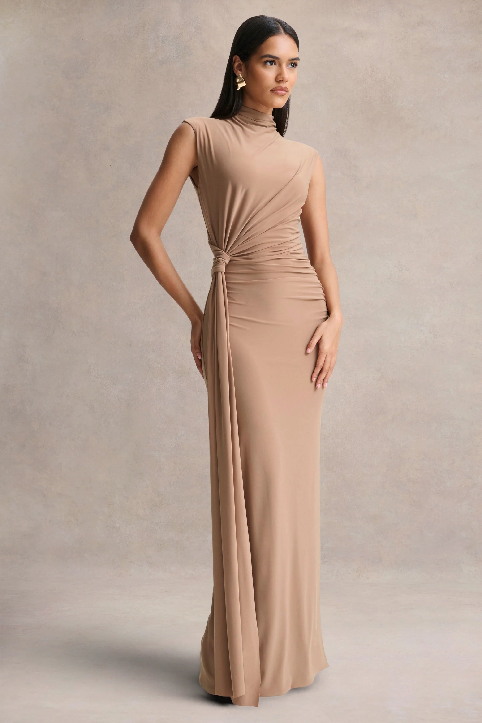 Solene Brown High Neck Maxi Dress With Wrap And Drape Detail