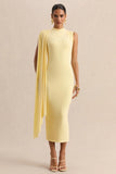 Oleandra Lemon High Neck Midi Dress With Draped Detail