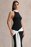 Dorinda Black And White High Neck Maxi Dress With Drape And Scarf Detail