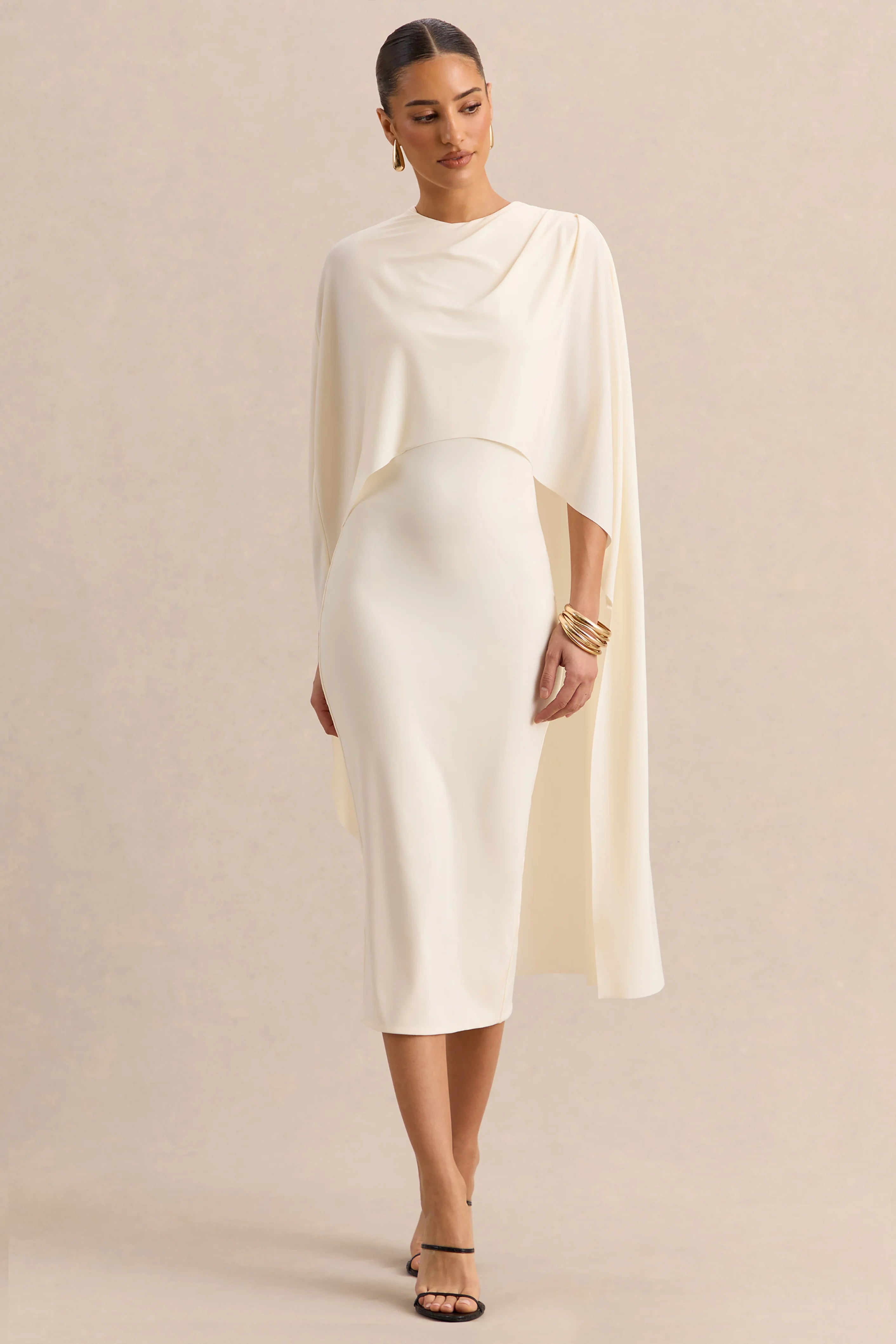 Luxalyn Cream Round Neck Midi Dress With Cape Detail