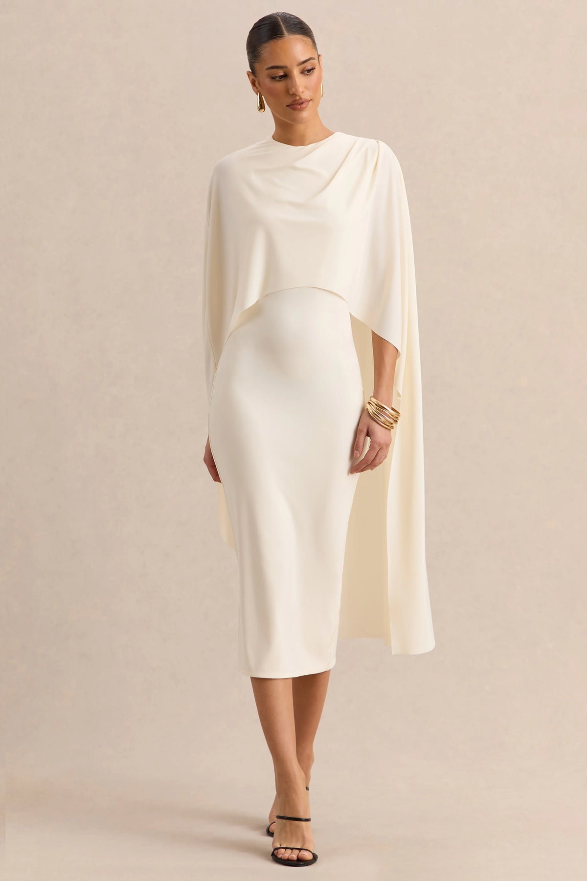 Luxalyn Cream Round Neck Midi Dress With Cape Detail