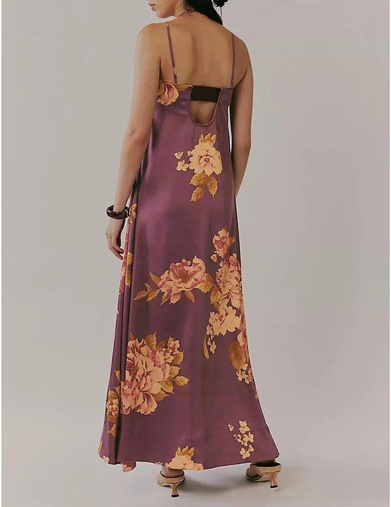 Women Boho Floral Maxi Dress Backless Spaghetti Strap A Line Flowy Summer Vacation Long Dress